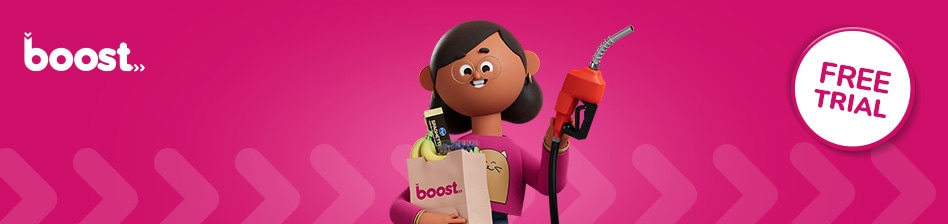 Kroger kroji cartoon holding a bag of groceries in one arm and a fuel pump in the opposite hand. A graphic says “Free Trial”. 