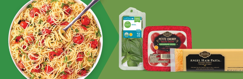 Roasted Tomato Pasta with packshots.