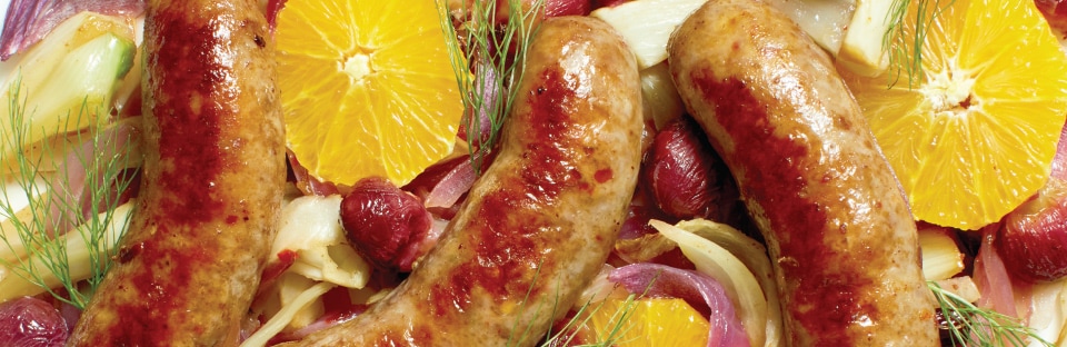 Close-up of Air-Fryer Italian Sausages with Fennel and Grapes