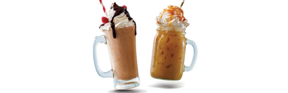 Raspberry Mocha Freeze and Caramel-Almond Iced Coffee drinks