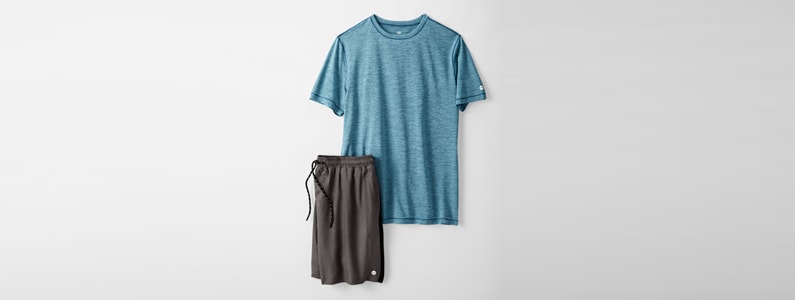 blue t-shirt and gray shorts