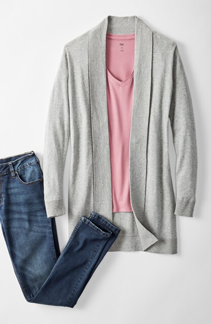 cardigan, v-neck tee, mid-rise jeans cardigan, v-neck tee, mid-rise jeans