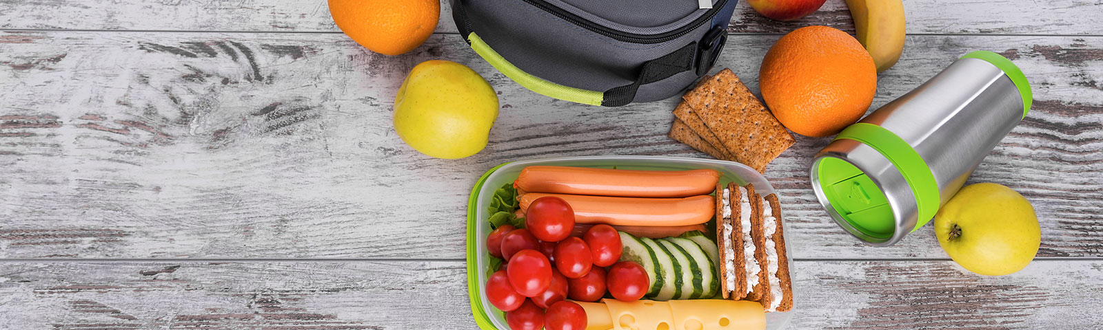 Packed lunch on a wooden table