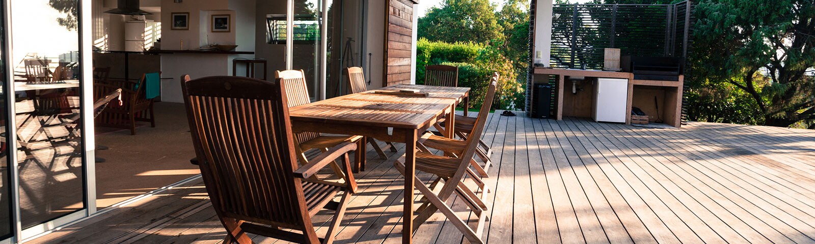 Outdoor patio furniture on a wooden deck