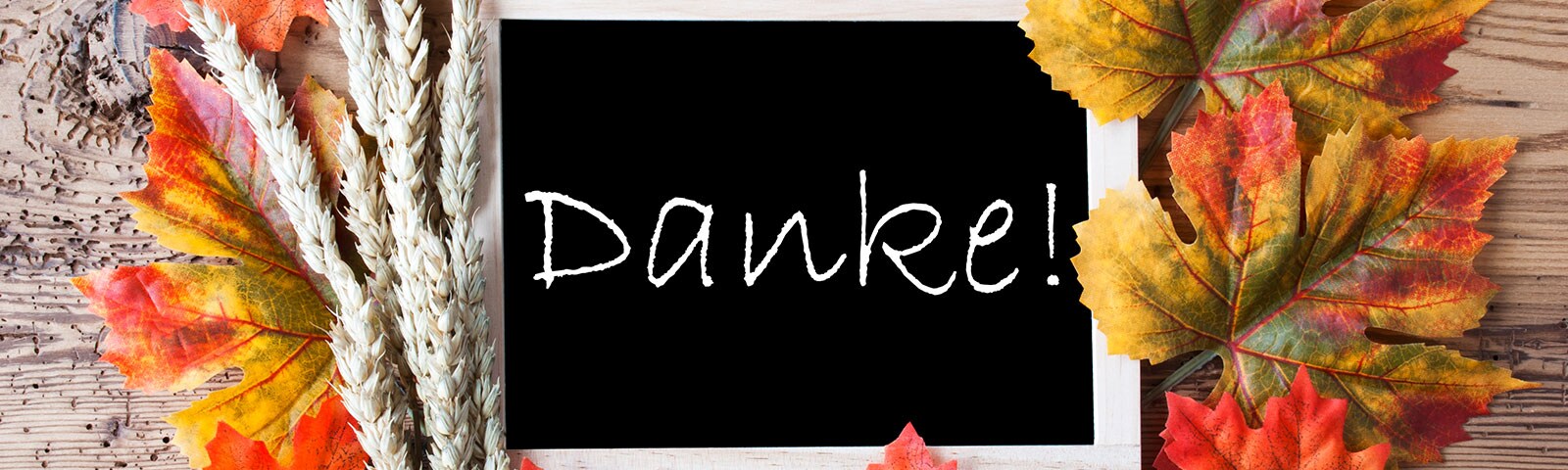 The word "Danke!" written on a chalkboard decorated with orange and yellow leaves over a wood background