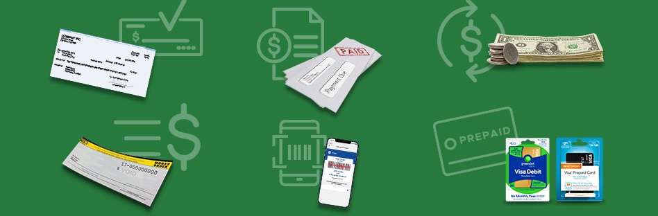 Consolidated representation of all the money services available at Ralphs including check cashing, bill pay, money transfers, money orders, account funding, and prepaid cards.